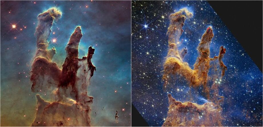 Esta imagem combinada fornecida pela Nasa mostra os Pilares da Criação conforme fotografados pelo telescópio espacial Hubble da Nasa em 2014, à esquerda, e pelo telescópio James Webb da Nasa, à direita