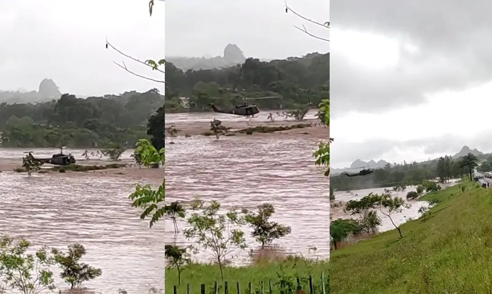 Helicóptero resgata moradores ilhados no Paraguai.