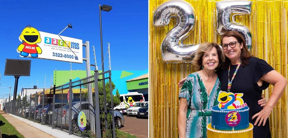 Fachada da AACC/MS, um espaço de amor e solidariedade! Ao lado, Therezinha de Alencar Selem, diretora de voluntariado, e Mirian Fátima Comparin Correa, presidente, celebrando essa história de cuidado e suporte a crianças e adolescentes com câncer.