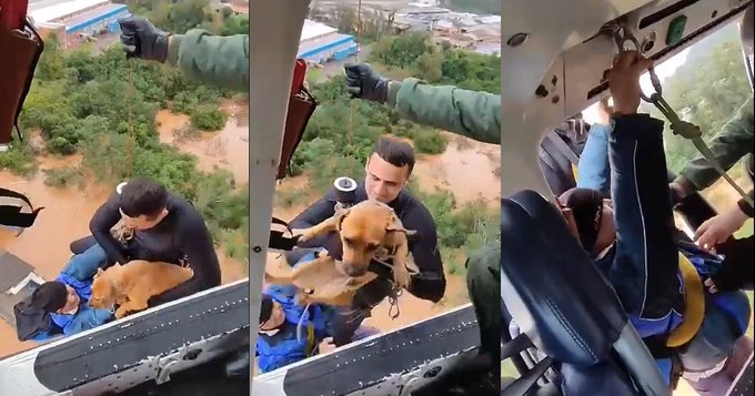 Helicóptero resgata morador e cachorro ilhados no Rio Grande do Sul