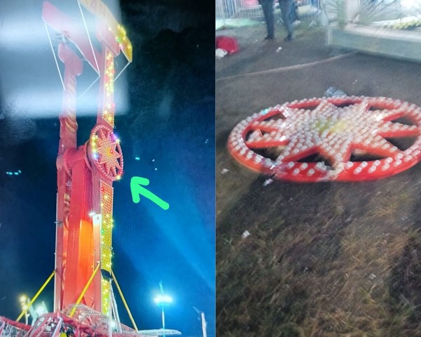Peça de brinquedo kamikaze se solta em parque de diversões e atinge duas pessoas