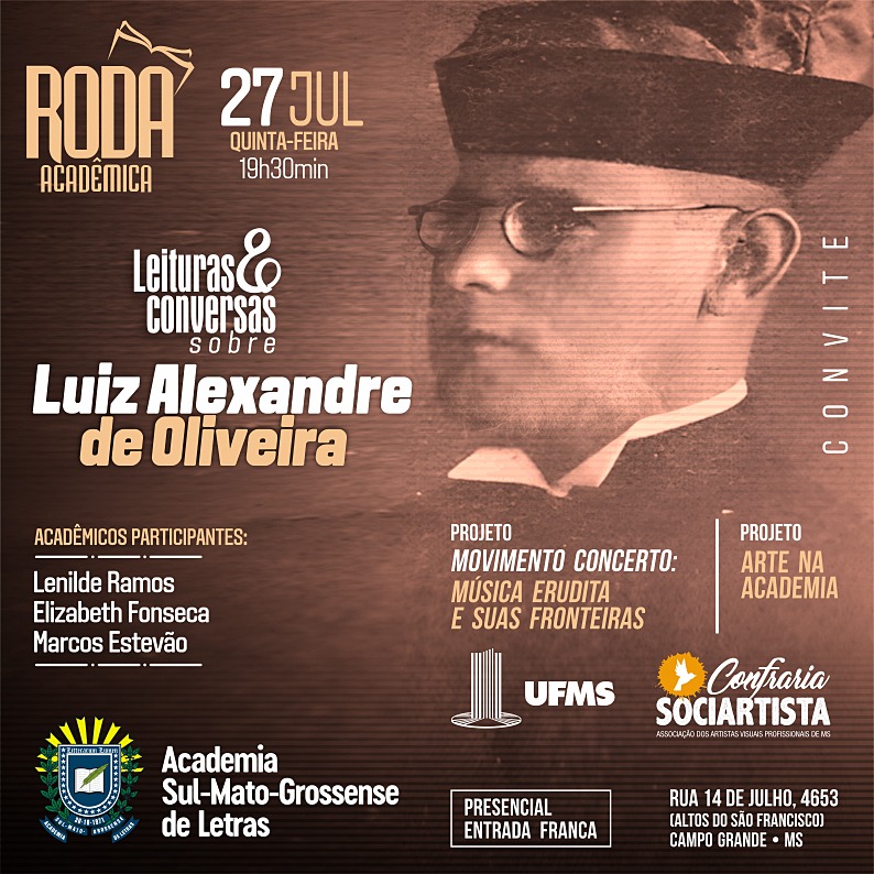 Luiz Alexandre de Oliveira é o acadêmico saudoso que será homenageado na Roda Acadêmica deste mês da Academia Sul-Mato-Grossense de Letras