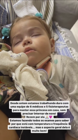 Maria Guilhermina, filha caçula de Juliano Cazarré com a stylist Letícia Cazarré, está passando por um tratamento em casa
