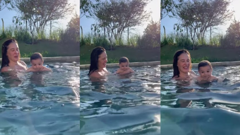 Claudia Raia publicou vídeo de Luca 'nadando' em piscina durante o final de semana.