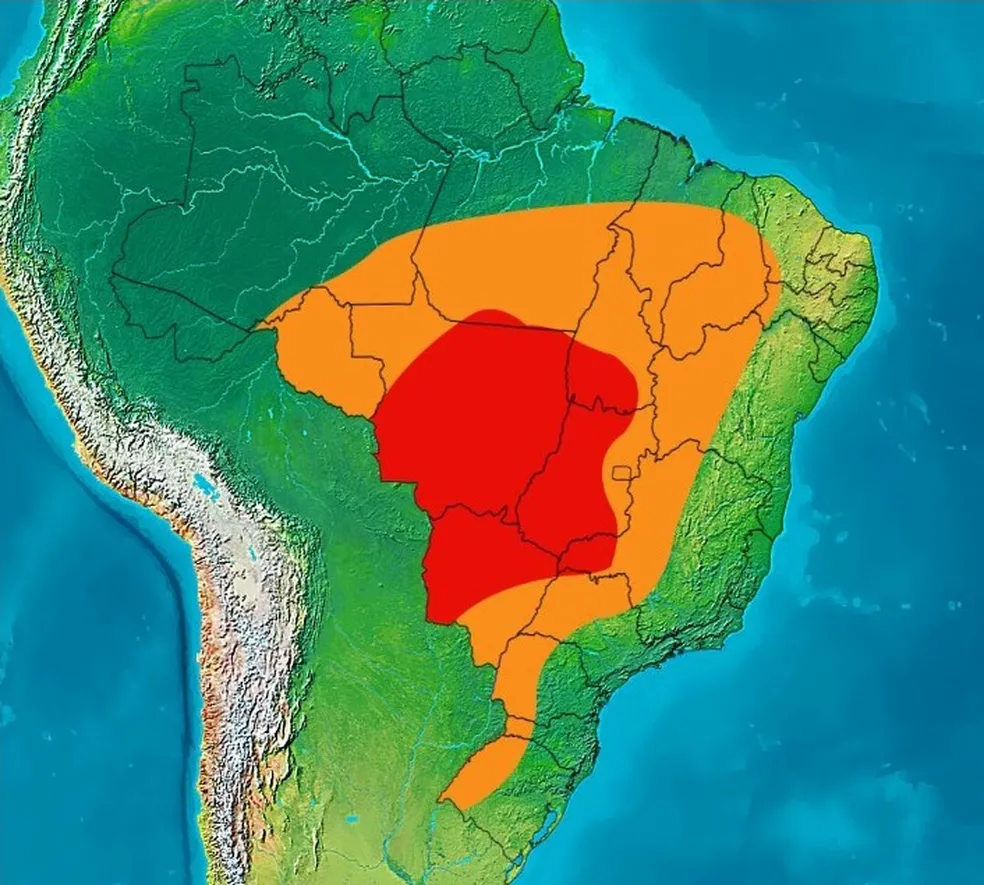 Mapa mostra locais que vão ter maior concentração de calor pela próxima semana.