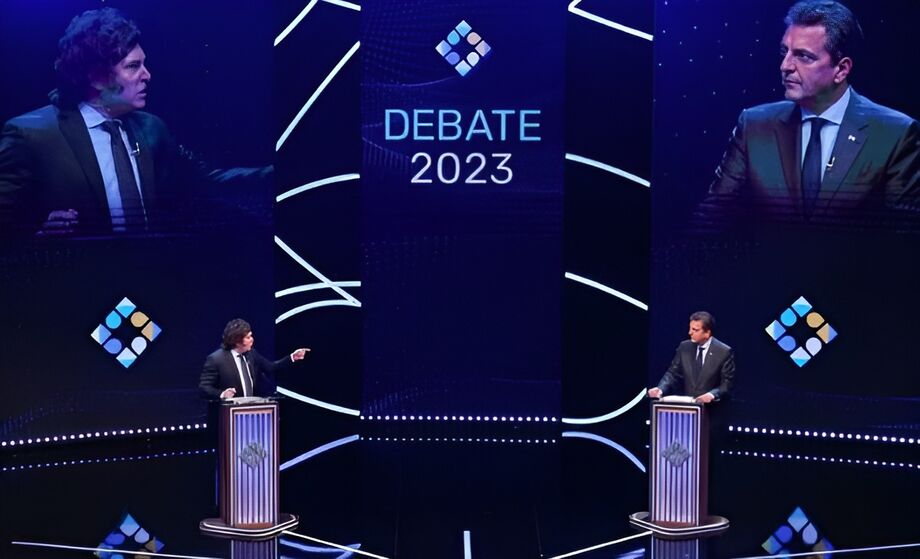 Debate presidencial entre Javier Milei e Sergio Massa, na Faculdade de Direito da Universidade de Buenos Aires, em 12 de novembro
