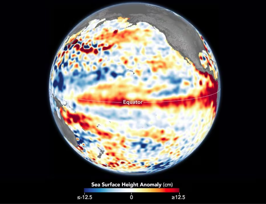 Imagem capturada por satélite da Nasa mostra anomalias no nível da água do Oceano Pacífico, indicando o superaquecimento provocado pelo El Nino.