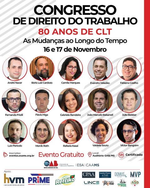 Em homenagem aos 80 anos de CLT, comissão promove Congresso de Direito do Trabalho