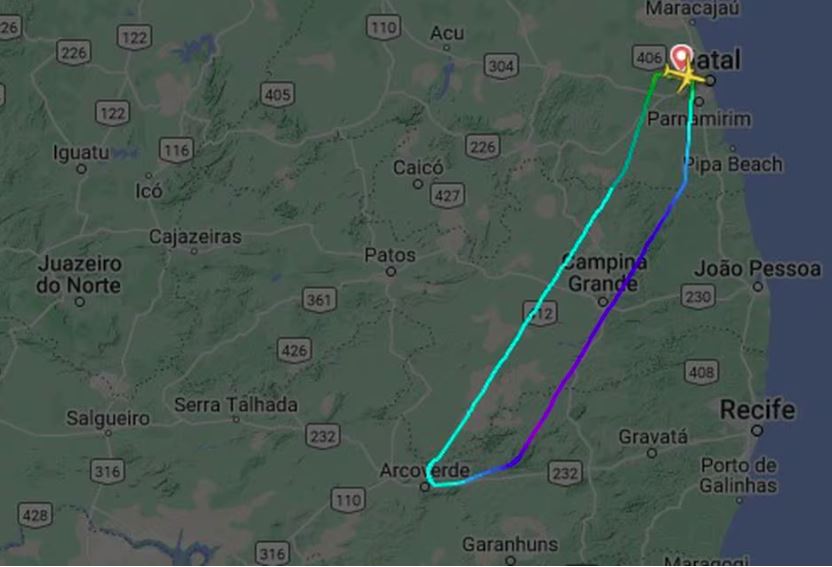 Rota do avião da Azul que saiu de Natal rumo a Minas Gerais, mas voltou após 25 minutos