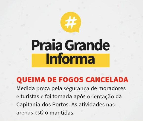 Queima de fogos no Réveillon em Praia Grande deveria durar 15 minutos.