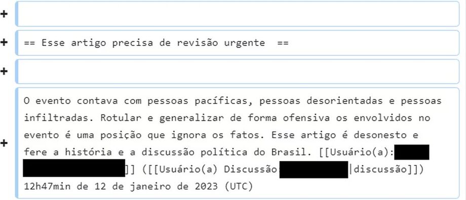 Usuário bolsonarista protesta sobre o texto do Wikipédia sobre o 8 de janeiro; para ele; havia ali pessoas 'pacíficas', 'desorientadas' e 'infiltrados'
