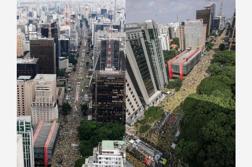 Ato pró-impeachment de Dilma Rousseff, em 2016, e ato pró-Bolsonaro na Avenida Paulista neste domingo (25)