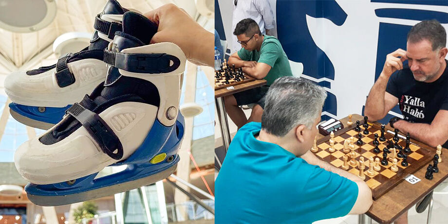 Tem patinação no gelo e jogos de xadrez
