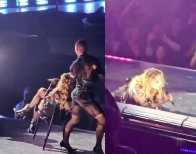 Madonna cai no palco após ser puxada por dançarino em coreografia e ri da situação