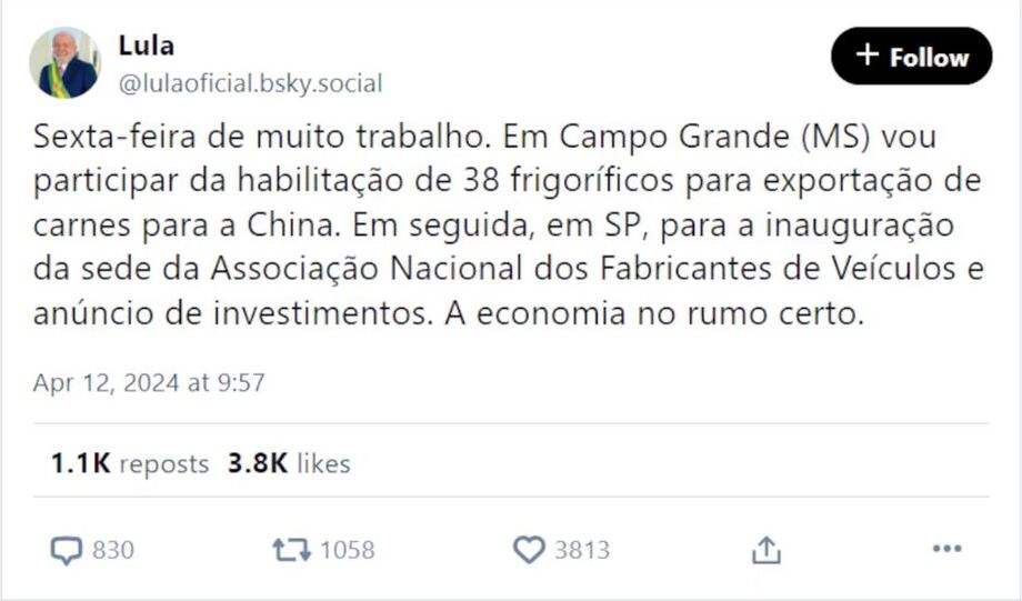 Primeira publicação do presidente Lula na rede Bluesky, rival do X
