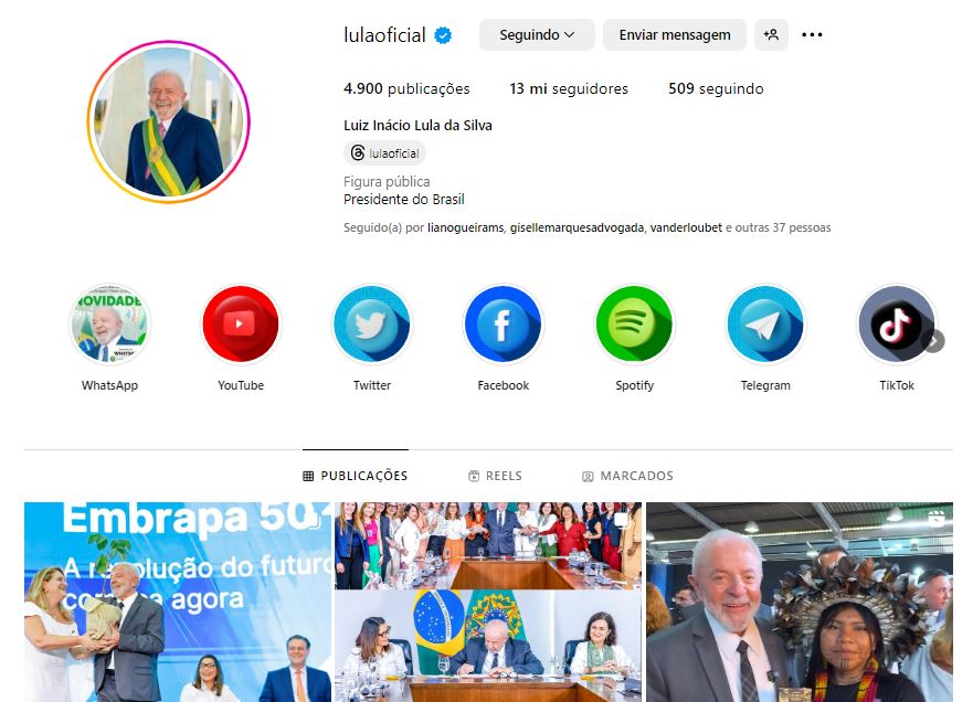 Insta do presidente Lula tem mais de 13 milhões de seguidores