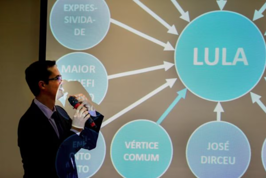 Ex-procurador Deltan Dallagnol apresentando PowerPoint em coletiva de imprensa em 2016