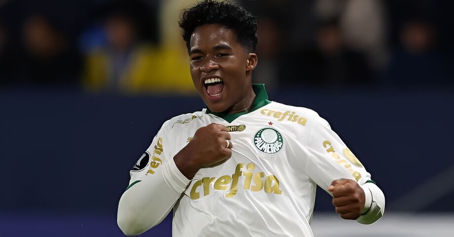 Endrick, do Palmeiras, após marcar no jogo contra o Independiente Del Valle na Copa Libertadores