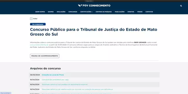 Página da Fundação Getúlio Vargas com todas as informações divulgadas para o concurso
