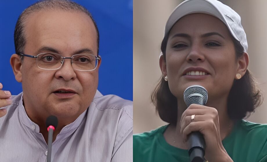 O governador do Distrito Federal, Ibaneis Rocha (à esquerda), e a ex-primeira-dama Michelle Bolsonaro (à direita)