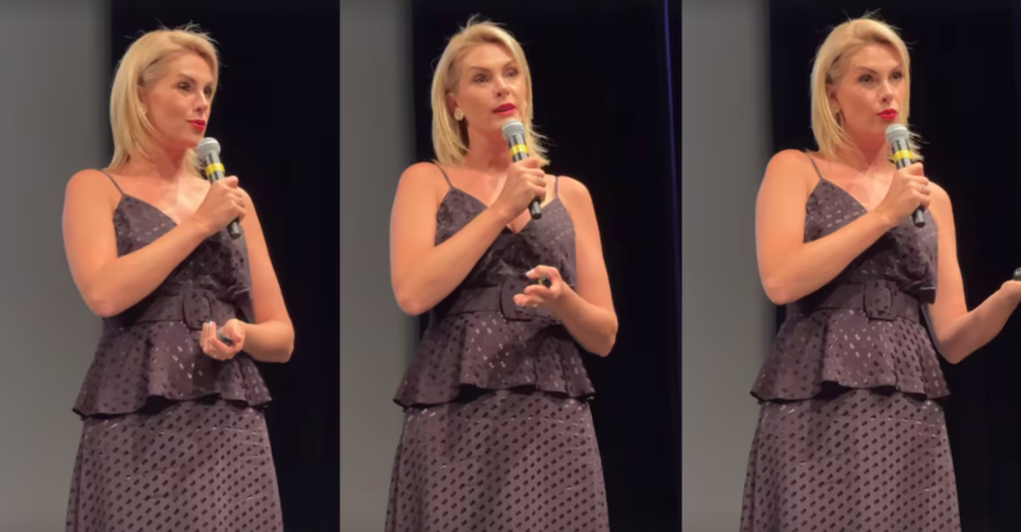 Ana Hickmann se emociona em palestra sobre violência doméstica.