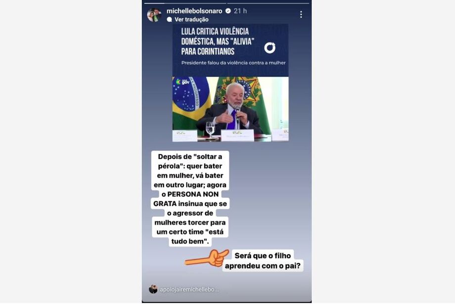 Michelle Bolsonaro critica no Instagram fala do presidente Luiz Inácio Lula da Silva (PT) sobre violência contra mulher