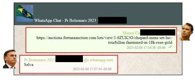 Troca de mensagens entre Jair Bolsonaro e Mauro Cid sobre leilão de joias.
