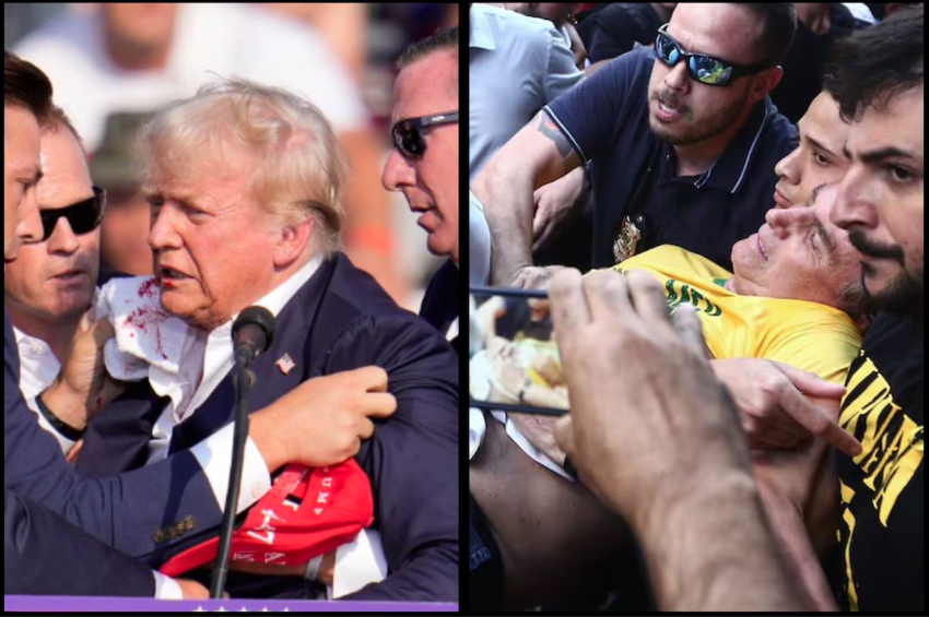 O ex-presidente Donald Trump após sofrer o atentado na Pensilvânia (à esquerda) e o ex-presidente Jair Bolsonaro após ser esfaqueado em Juiz de Fora (à direita)