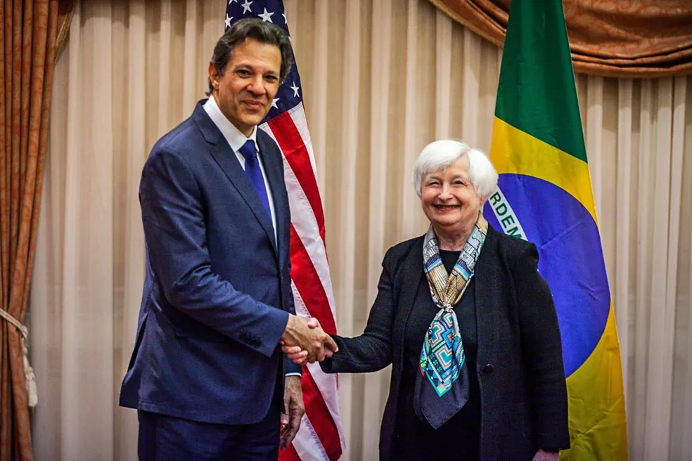 O ministro da Fazenda, Fernando Haddad e a secretária do Tesouro dos Estados Unidos, Janet Yellen