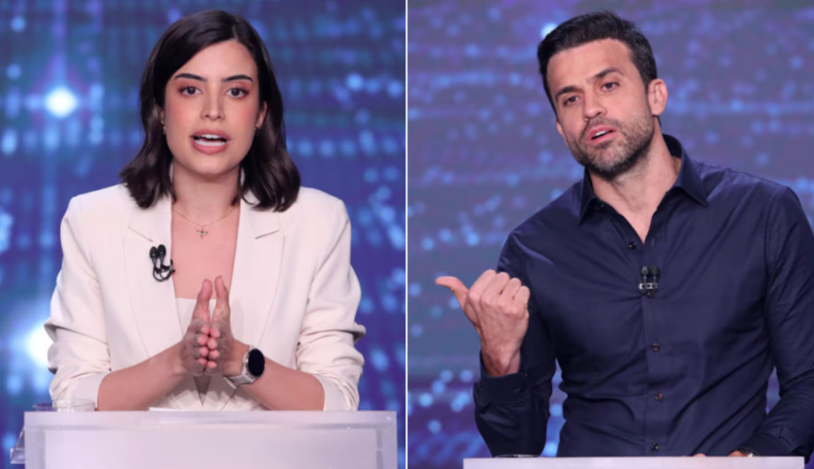 Tabata Amaral (PSB) e Pablo Marçal (PRTB) durante o debate na Band entre candidatos à Prefeitura de São Paulo