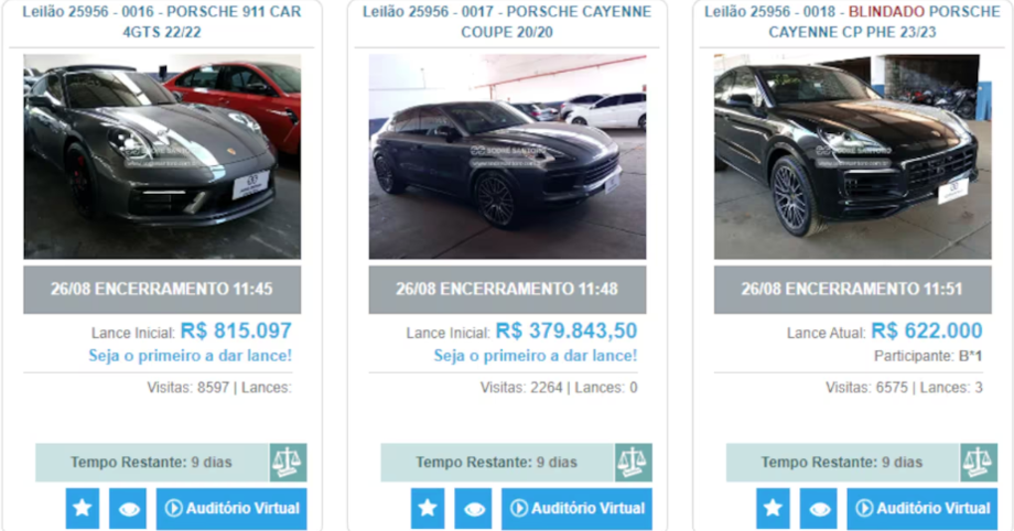 Página de leilão de carros apreendidos com quadrilha ligada ao PCC
