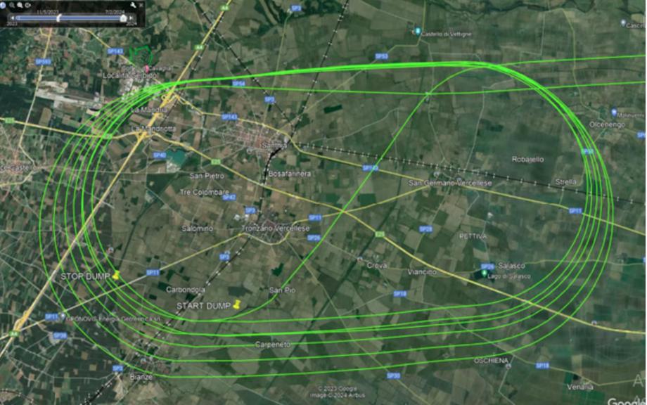 Percurso feito pelo avião da Latam para gastar combustível antes de voltar à pista do aeroporto de Milão