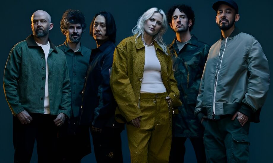 O retorno de Linkin Park: Mike Shinoda, Brad Delson, Dave Phoenix Farrell, Joe Hahn, Emily Armstrong e Colin Brittain, os membros da banda