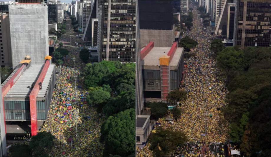 Ato de 25 de fevereiro à esquerda e ato do 7 de Setembro à direita na Avenida Paulista.