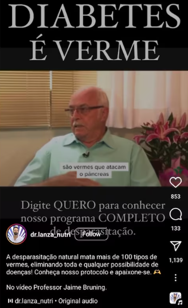 Vídeo que motivou cientista fazer publicação apontando desinformação e frisando que diabetes não é causada por vermes.