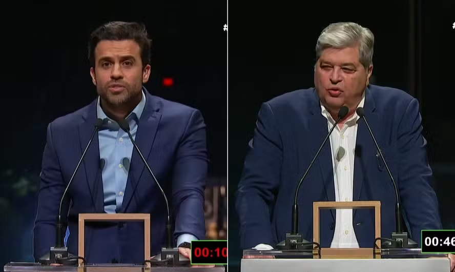 Pablo Marçal e José Luiz Datena durante o debate ao vivo na TV Cultura, antes da confusão que marcou o evento político.