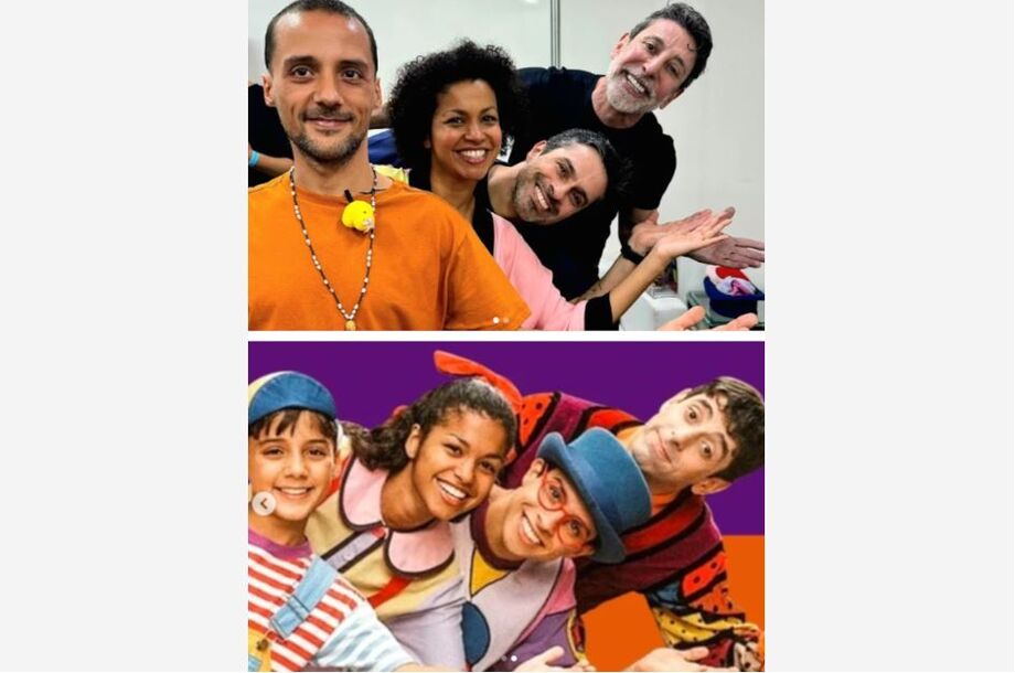 Freddy Allan, Cynthia Rachel, Luciano Amaral e Cassio Scapin em fotos tiradas em 2024 e em 1994, à época das gravações do 'Castelo Rá-Tim-Bum'