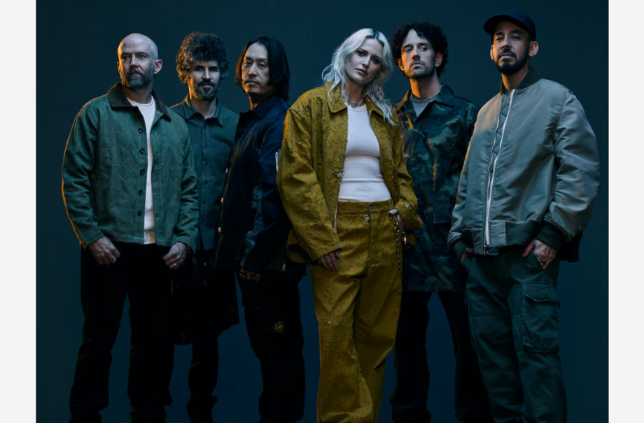 O retorno de Linkin Park: Mike Shinoda, Brad Delson, Dave Phoenix Farrell, Joe Hahn, Emily Armstrong e Colin Brittain, os membros da banda.