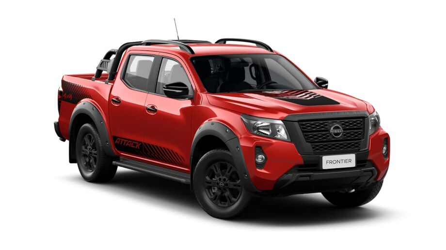 Nissan Frontier Attack 2025 em sua versão com pintura sólida, disponível na promoção com desconto de R$ 39,6 mil até outubro, oferecendo tração 4x4 e motor 2.3 turbodiesel de 190 cv.