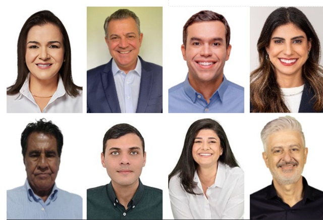 Adriane Lopes (PP), Beto Figueiró (Novo), Beto Pereira (PSDB) e Camila Jara (PT). Na fileira inferior, da esquerda para a direita: Jorge Batista (PCO), Luso de Queiroz (PSOL), Rose Modesto (União Brasil) e Ubirajara Martins (DC).