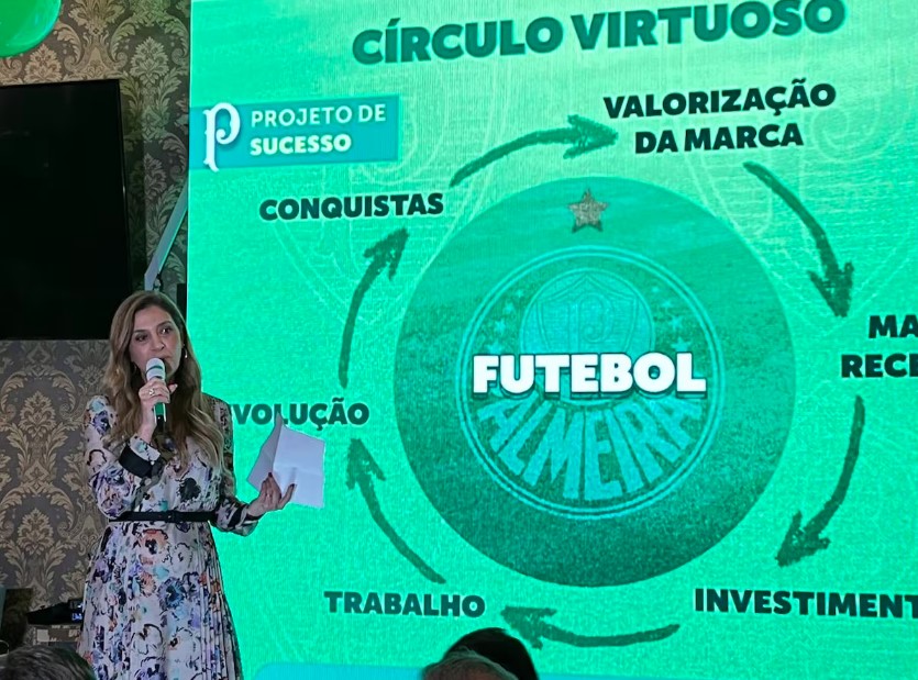 Leila discursa para apoiadores em lançamento de sua candidatura para se reeleger presidente do Palmeiras