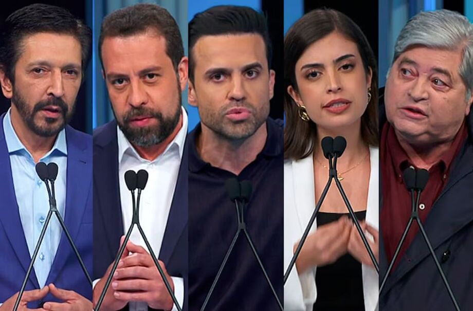 Ricardo Nunes (MDB), Guilherme Boulos (PSOL), Pablo Marçal (PRTB), Tabata Amaral (PSB) e José Luiz Datena (PSDB) são candidatos a prefeito de São Paulo Foto Reprodução TV Globo
