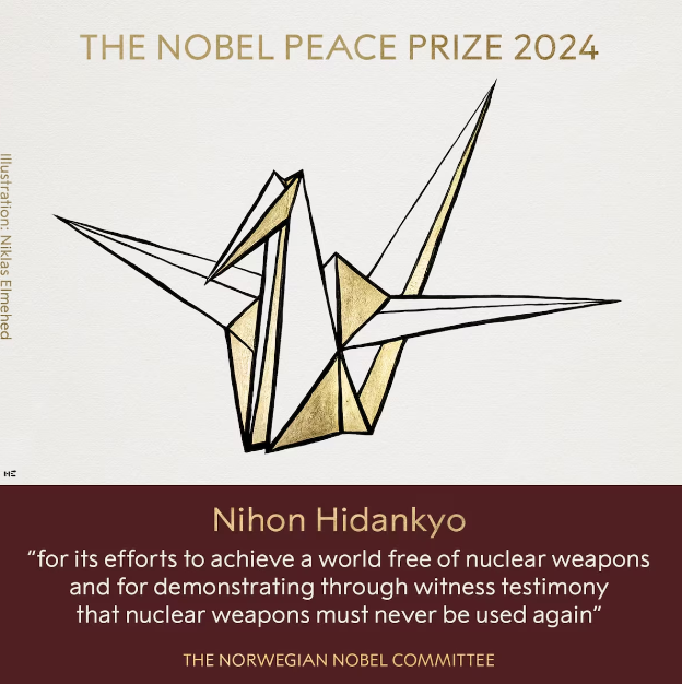 O Prêmio Nobel da Paz de 2024 foi concedido a organização japonesa Nihon Hidankyo, que trabalha pelo fim das armas nucleares no mundo.