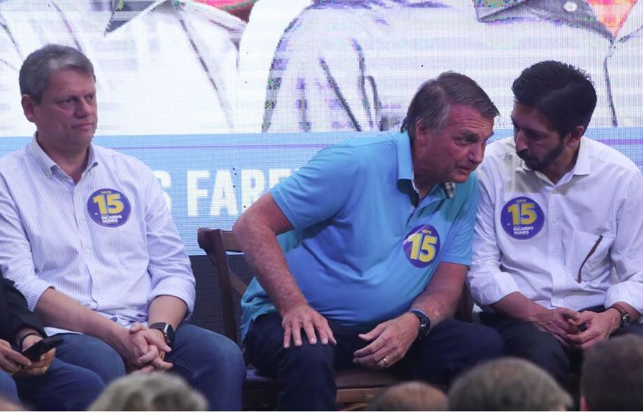 Tarcísio de Freitas, Jair Bolsonaro e Ricardo Nunes em evento da campanha do emedebista em São Paulo