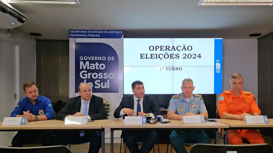 Autoridades da Secretaria de Estado de Justiça e Segurança Pública de Mato Grosso do Sul (Sejusp) anunciam a Operação Eleições 2024 para garantir a segurança no 1º turno das eleições municipais.