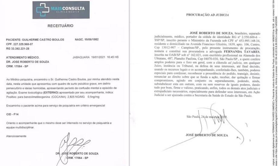 Assinatura de médico em laudo com indícios de falsificação (imagem à esquerda) é diferente de assinatura em documento oficial (imagem à direita)