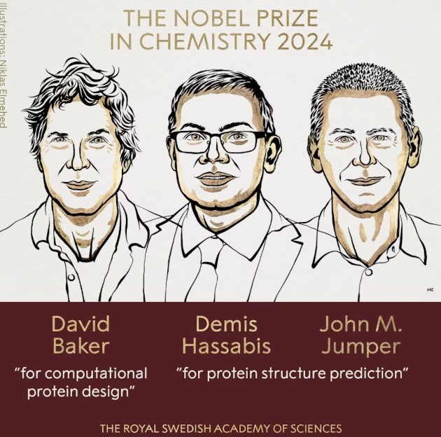 Na foto, os ganhadores do Prêmio Nobel de Química. David Baker, Demis Hassabis e John M. Jumper