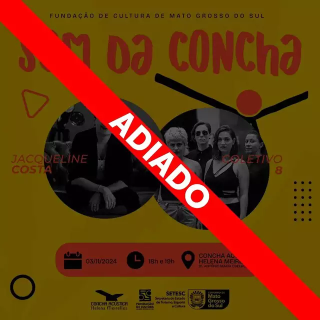 Show do Som da Concha com Jacqueline Costa e Coletivo 8 é adiado em Campo Grande por conta da chuva. Nova data será divulgada.