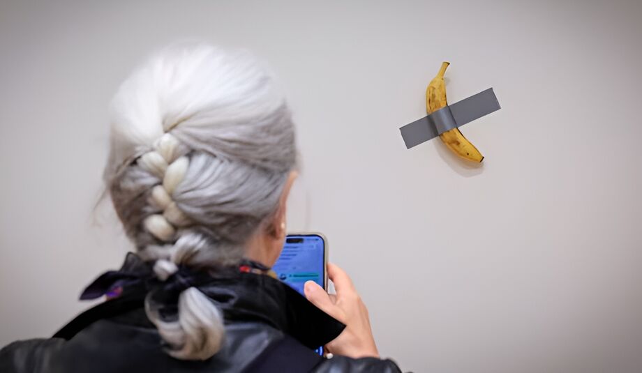 Mulher tira foto de banana com fita adesiva, obra de arte do artista italiano Maurizio Cattelan.