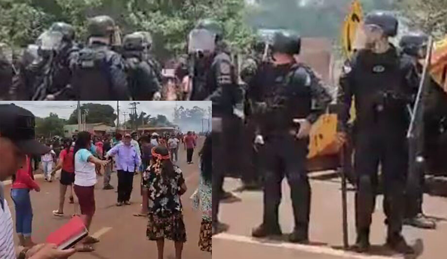 Tropa de choque enfrenta manifestantes indígenas durante protesto na MS-156, que segue bloqueada em reivindicação por água tratada.